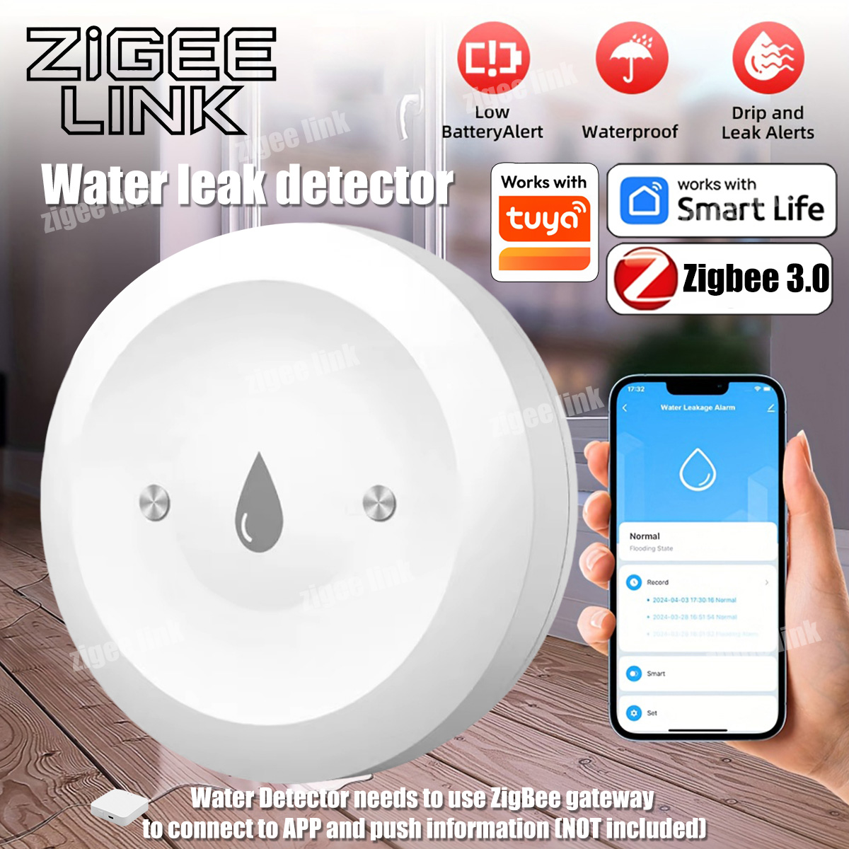 Water Alarm Sensor - مستشعر تسرب المياه الذكي ZigBee 3.0،
